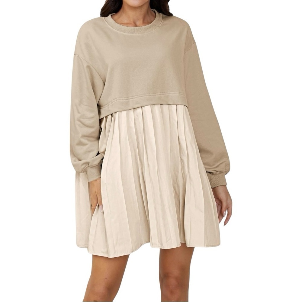 NWOT Cream Pleated Satin Skirt with Long Sleeve Sweatshirt Top, Size Small